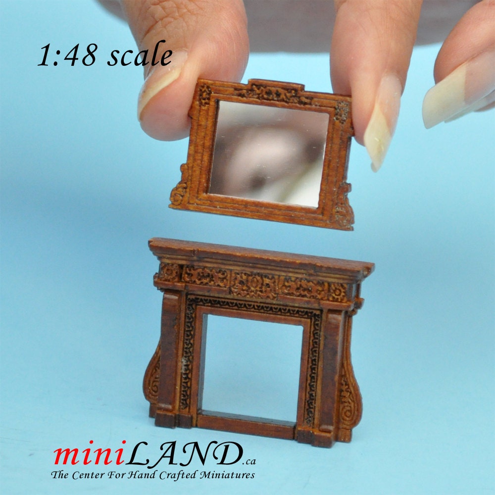 1:48 1/4"  quarter scale Fireplace and mirror WALNUT wood 1/48 Top Quality dollhouse miniature