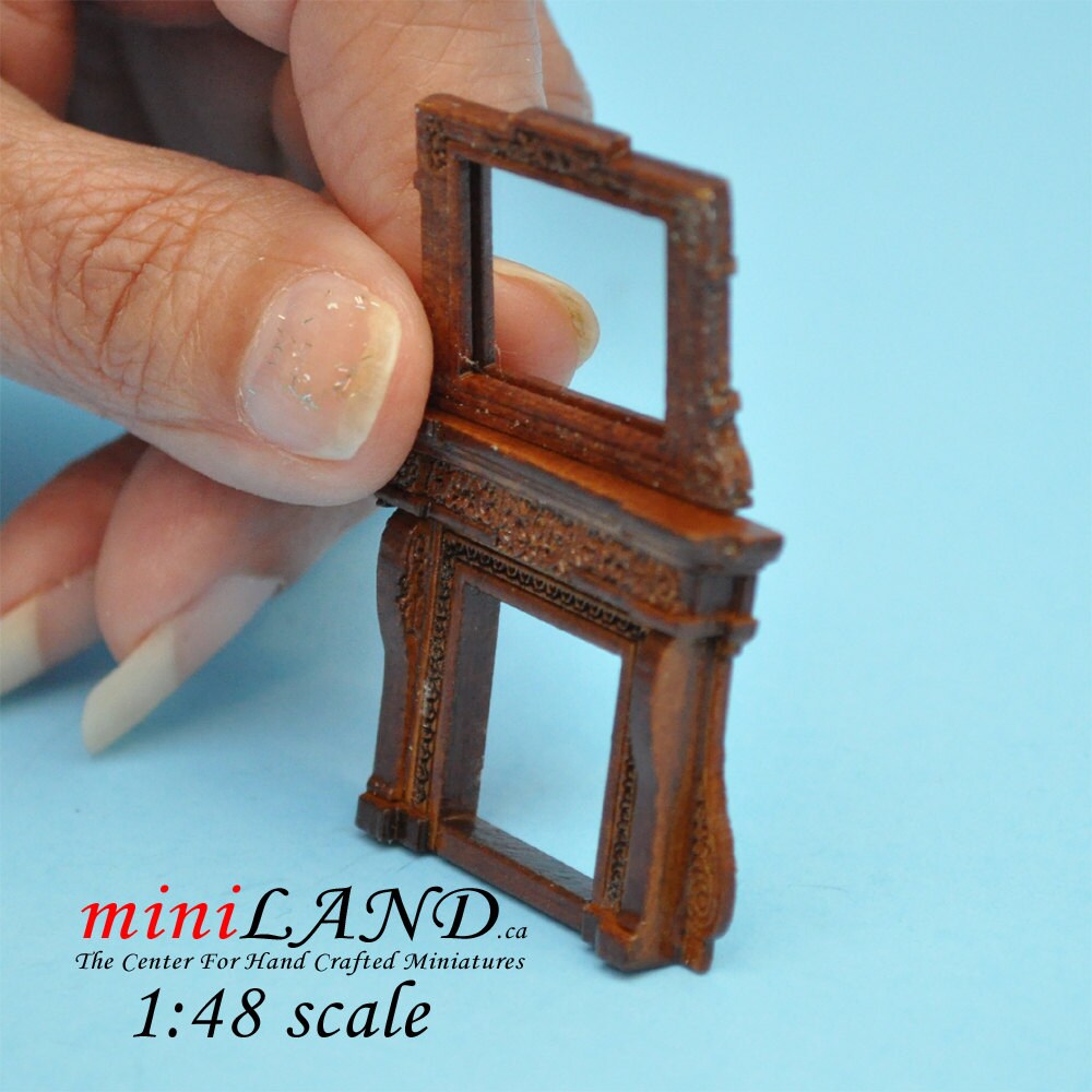 1:48 1/4"  quarter scale Fireplace and mirror WALNUT wood 1/48 Top Quality dollhouse miniature