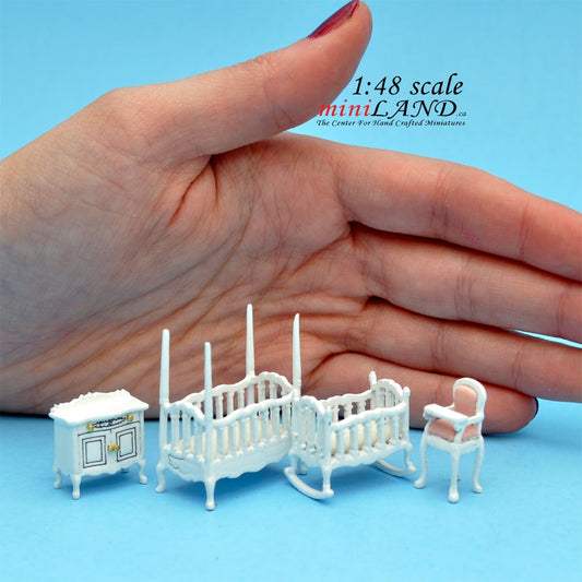 1:48 1/4" quarter scale Victorian baby nursery room set 4pcs Top quality dollhouse miniature White
