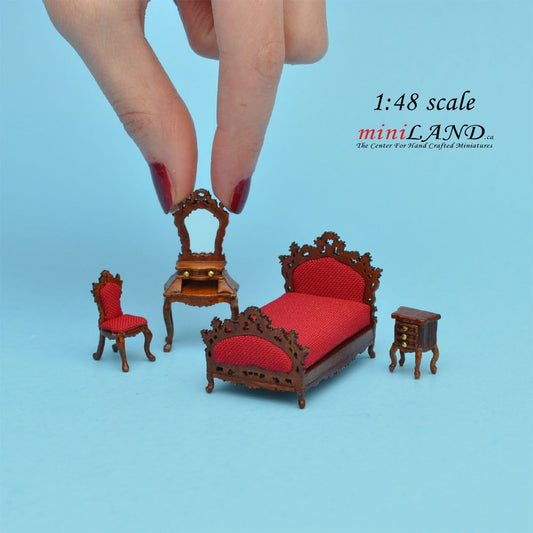 1:48 1/4" quarter scale Victorian bed room set 4pcs Top quality Walnut  dollhouse miniature dresser Q1900set WN