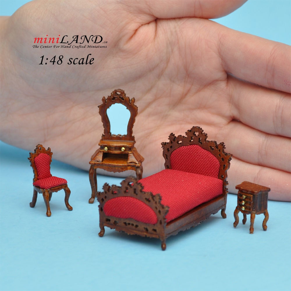 1:48 1/4" quarter scale Victorian bed room set 4pcs Top quality Walnut  dollhouse miniature dresser Q1900set WN