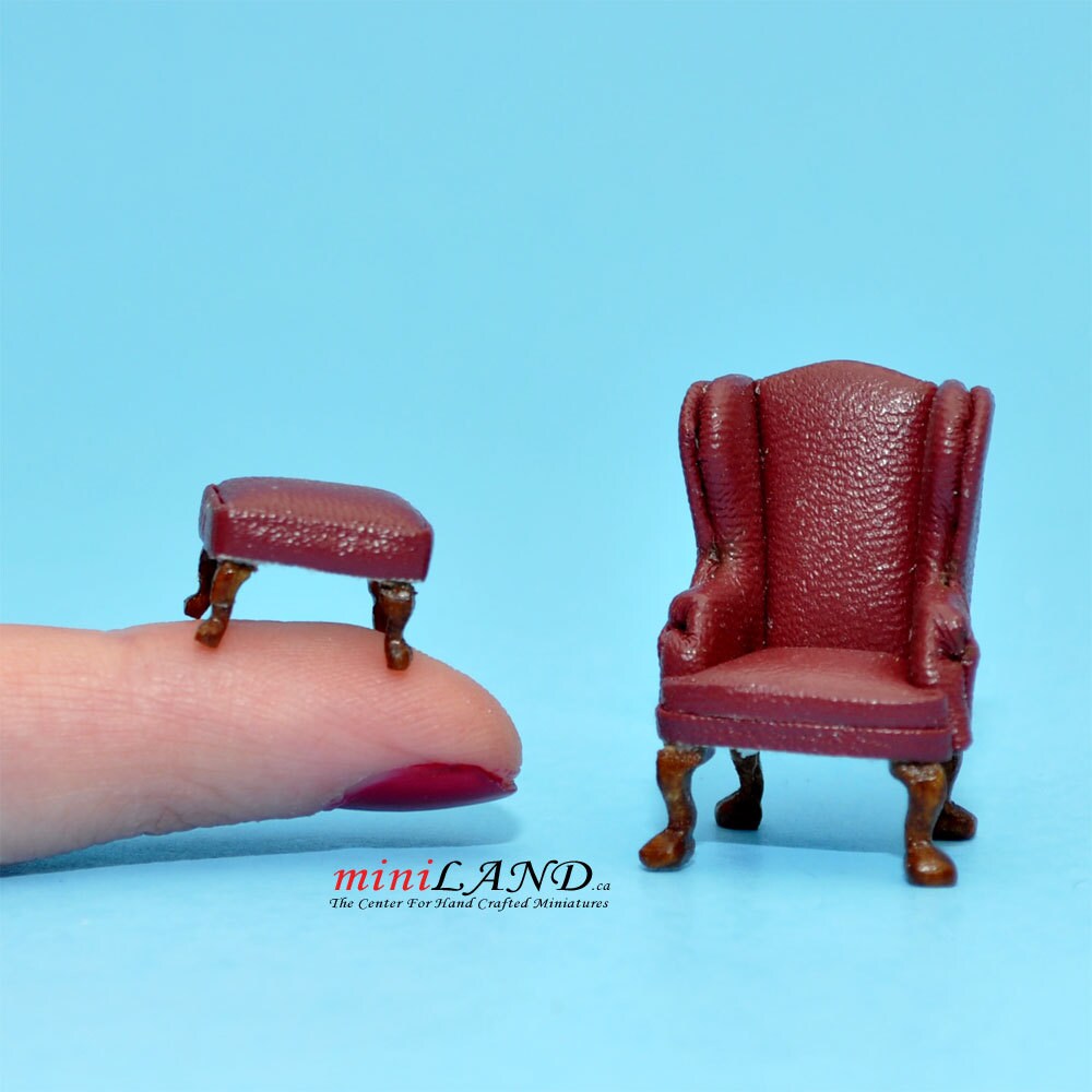 1:48 1/4" quarter scale Queen Ann armchair and stool set 2pcs Top quality brown dollhouse miniature Q2315 R