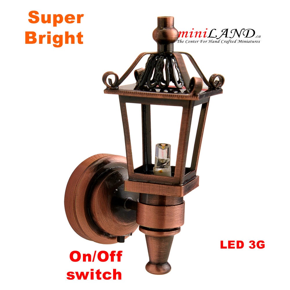 Copper Victorian Carriage Lamp Sconce Super bright LED light with On/off switch for 1:12 dollhouse miniature outdoor