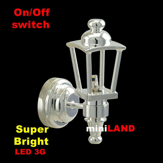 Silver modern Carriage Lamp Sconce Super bright LED light with On/off switch for 1:12 dollhouse miniature FA052022