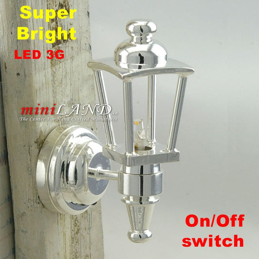 Silver modern Carriage Lamp Sconce Super bright LED light with On/off switch for 1:12 dollhouse miniature FA052022