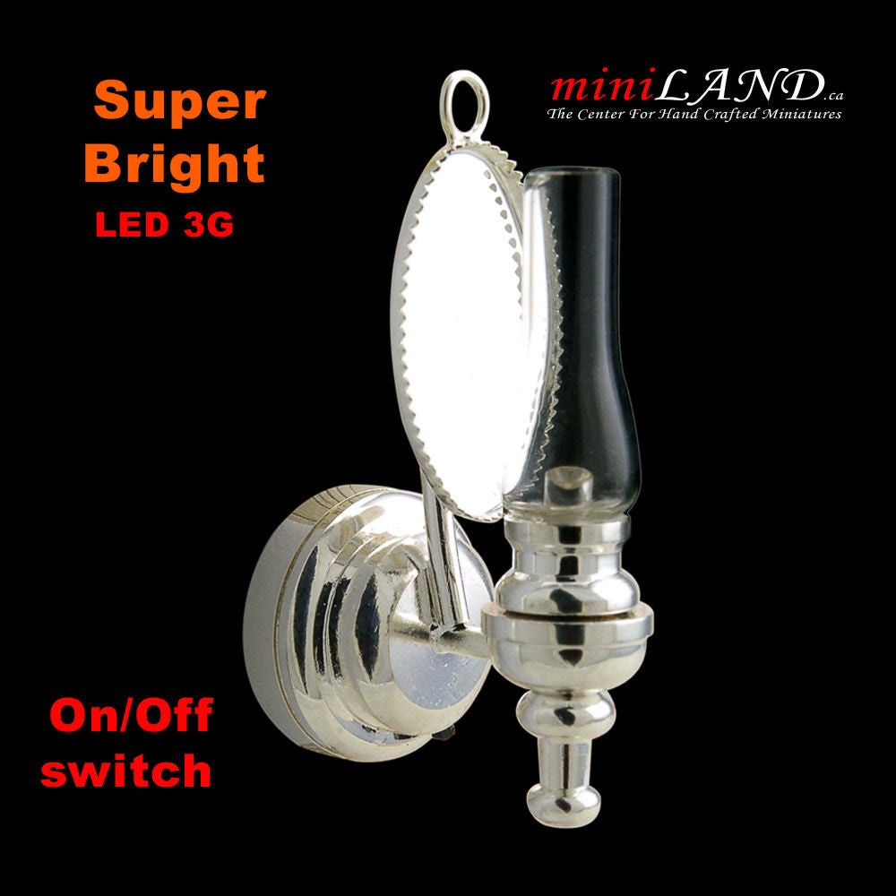 Silver clear glass wall sconce oil lamp LED super bright light with on/off switch for 1:12 scale dollhouse miniatures CLEAR GLASS