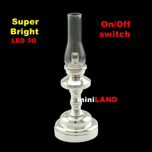 Trad. tall Hurricane SILVER Lamp LED Super bright with On/off switch for dollhouse miniature 1:12 scale