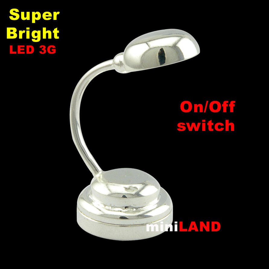 SILVER Modern desk lamp LED Super bright light with On/off switch for dollhouse miniature 1:12 scale