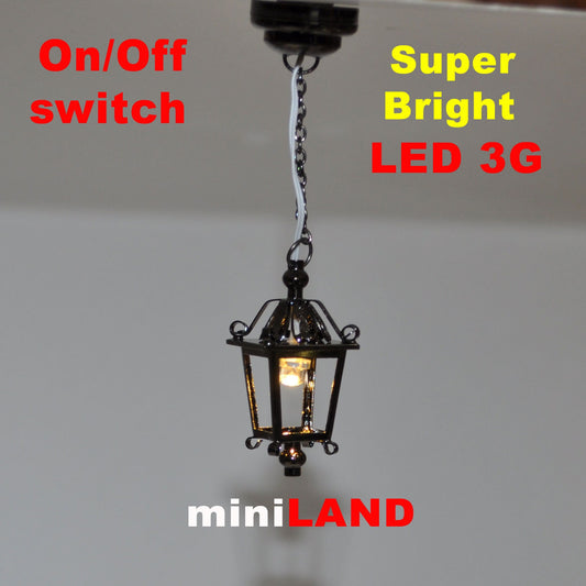 Lantern hanging lamp gunmetal BLACK LED Super bright with On/off switch for 1:12 dollhouse miniature