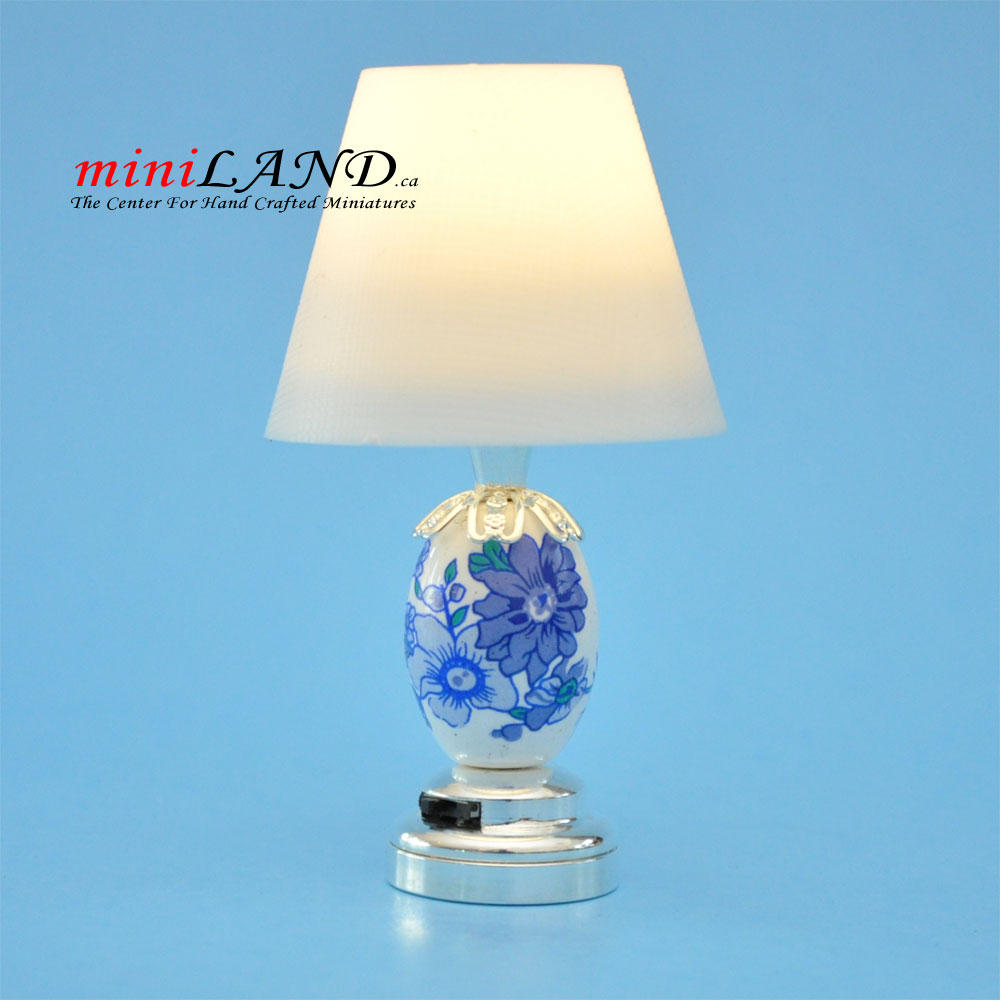 Miniature blue/white table  SILVER  light Lamp  with on/off switch for 1:12 scale dollhouse miniatures floral Led Battery