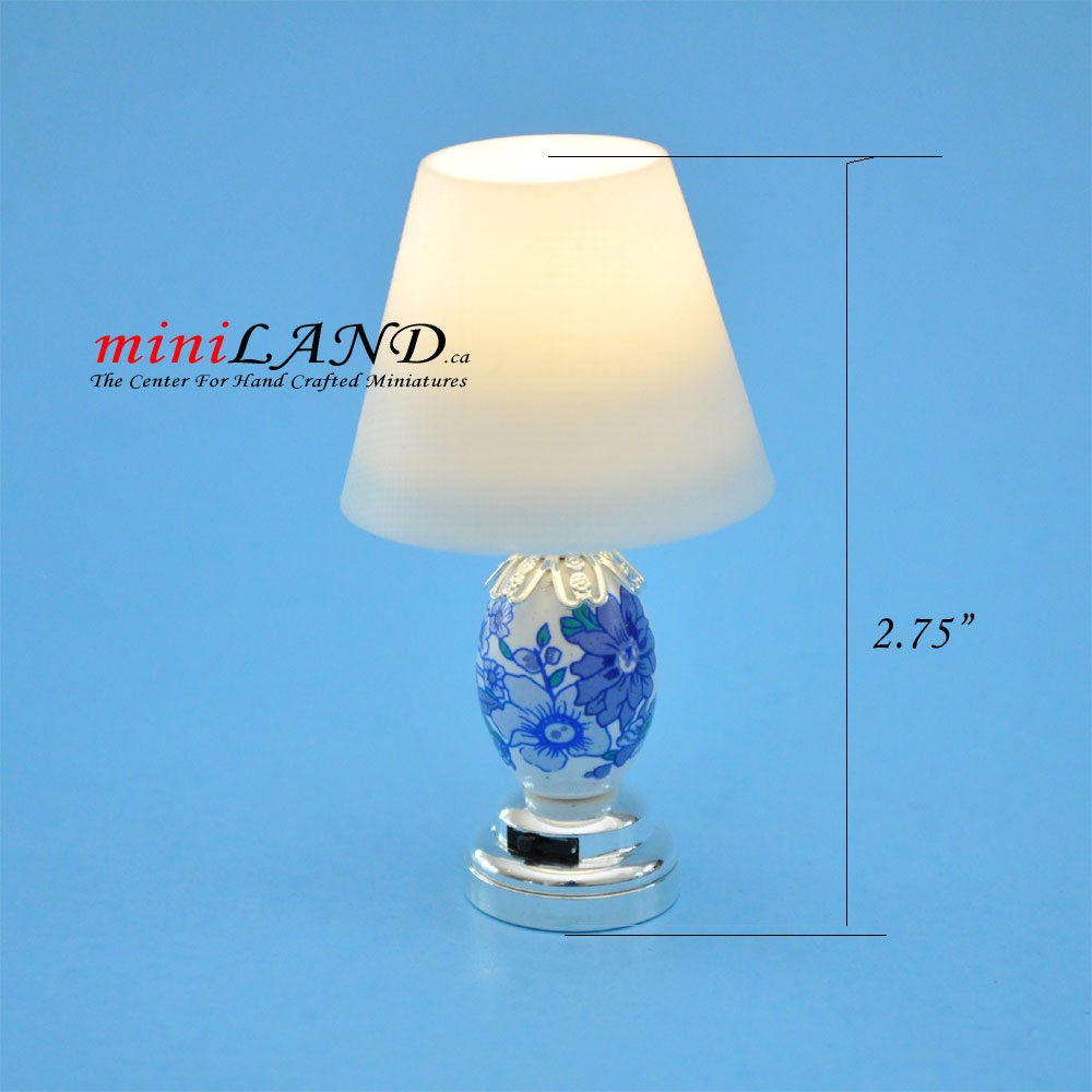 Miniature blue/white table  SILVER  light Lamp  with on/off switch for 1:12 scale dollhouse miniatures floral Led Battery