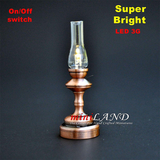 Trad. tall Hurricane COPPER Lamp LED Super bright with On/off switch for dollhouse miniature 1:12 scale