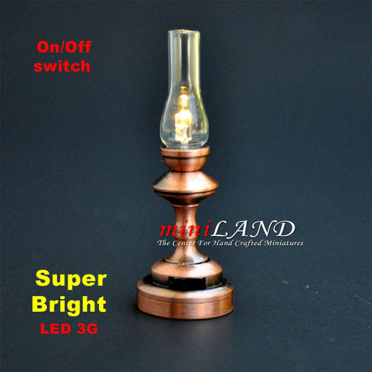 Trad. tall Hurricane COPPER Lamp LED Super bright with On/off switch for dollhouse miniature 1:12 scale