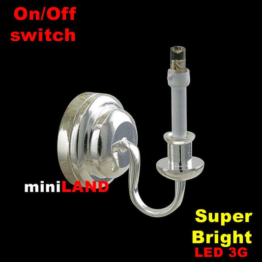SILVER Single candle wall sconce candle holder LED super bright light with on/off switch for 1:12 scale dollhouse miniatures