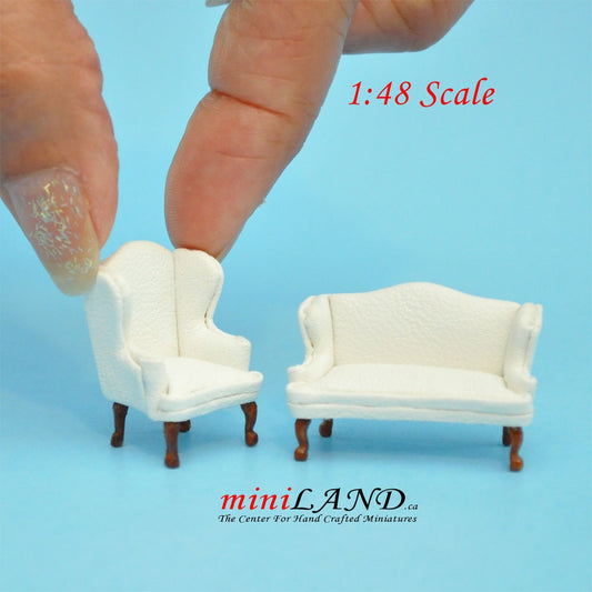1:48 1/4" quarter scale Queen Anne Leather Sofa and wing chair set White Top quality walnut for dollhouse miniature Q2614set WH