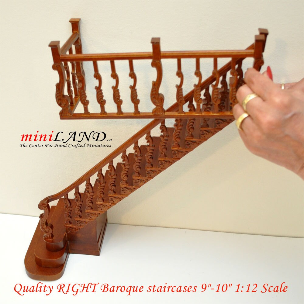 Quality RIGHT Baroque staircase 9"-10" 1:12 Scale Miniature Wooden dollhouse stair WN with railing