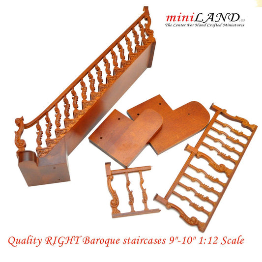 Quality RIGHT Baroque staircase 9"-10" 1:12 Scale Miniature Wooden dollhouse stair WN with railing