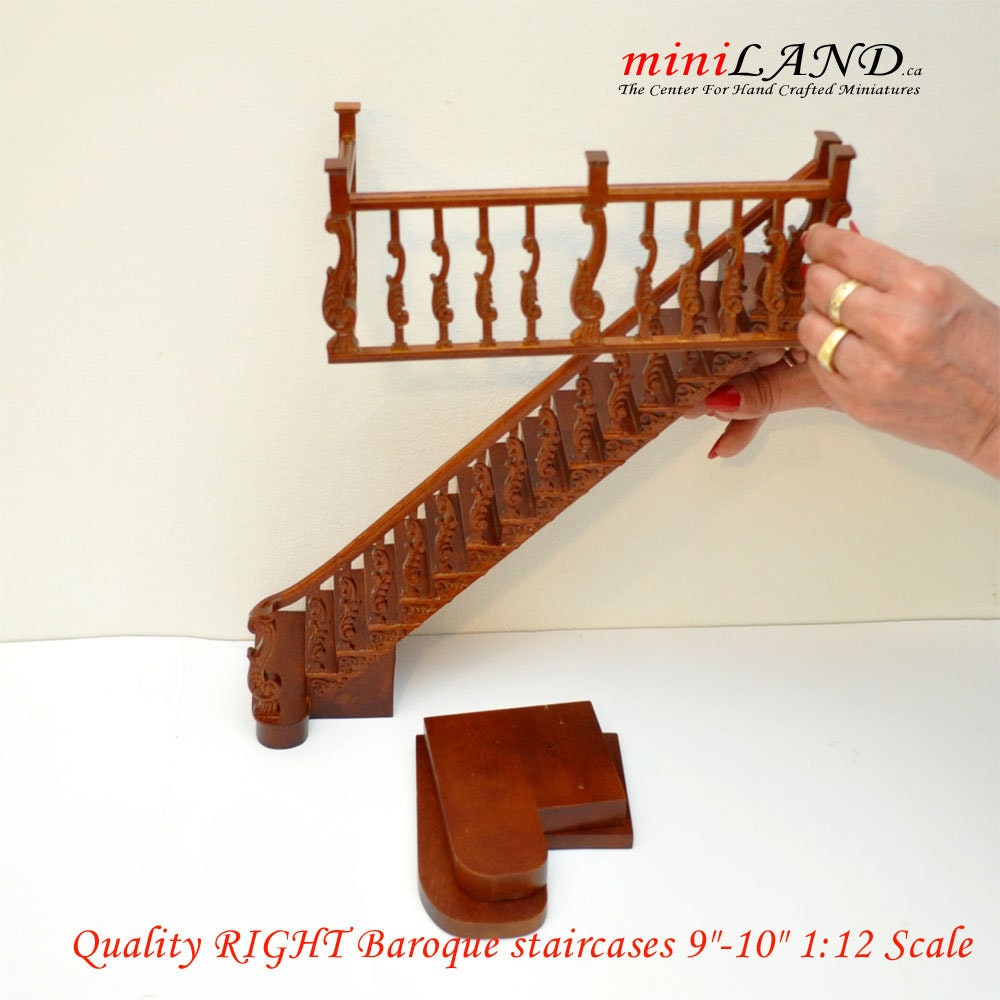 Quality RIGHT Baroque staircase 9"-10" 1:12 Scale Miniature Wooden dollhouse stair WN with railing