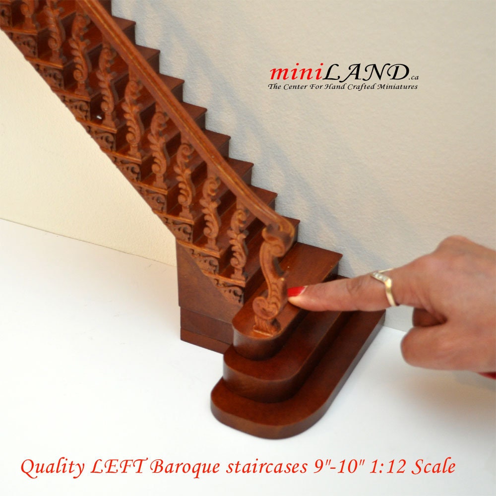 Quality LEFT Baroque staircase 9"-10" 1:12 Scale Miniature Wooden dollhouse stair WN with railing