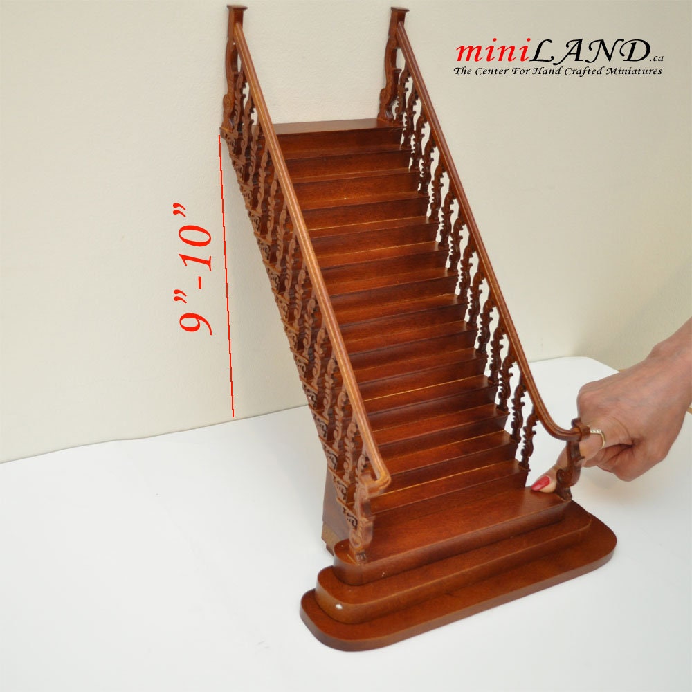 Quality wide Baroque staircase 9"-10" 1:12 Scale Miniature Wooden dollhouse stair WN with railing