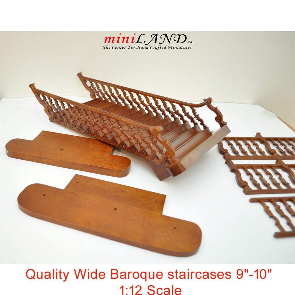 Quality wide Baroque staircase 9"-10" 1:12 Scale Miniature Wooden dollhouse stair WN with railing