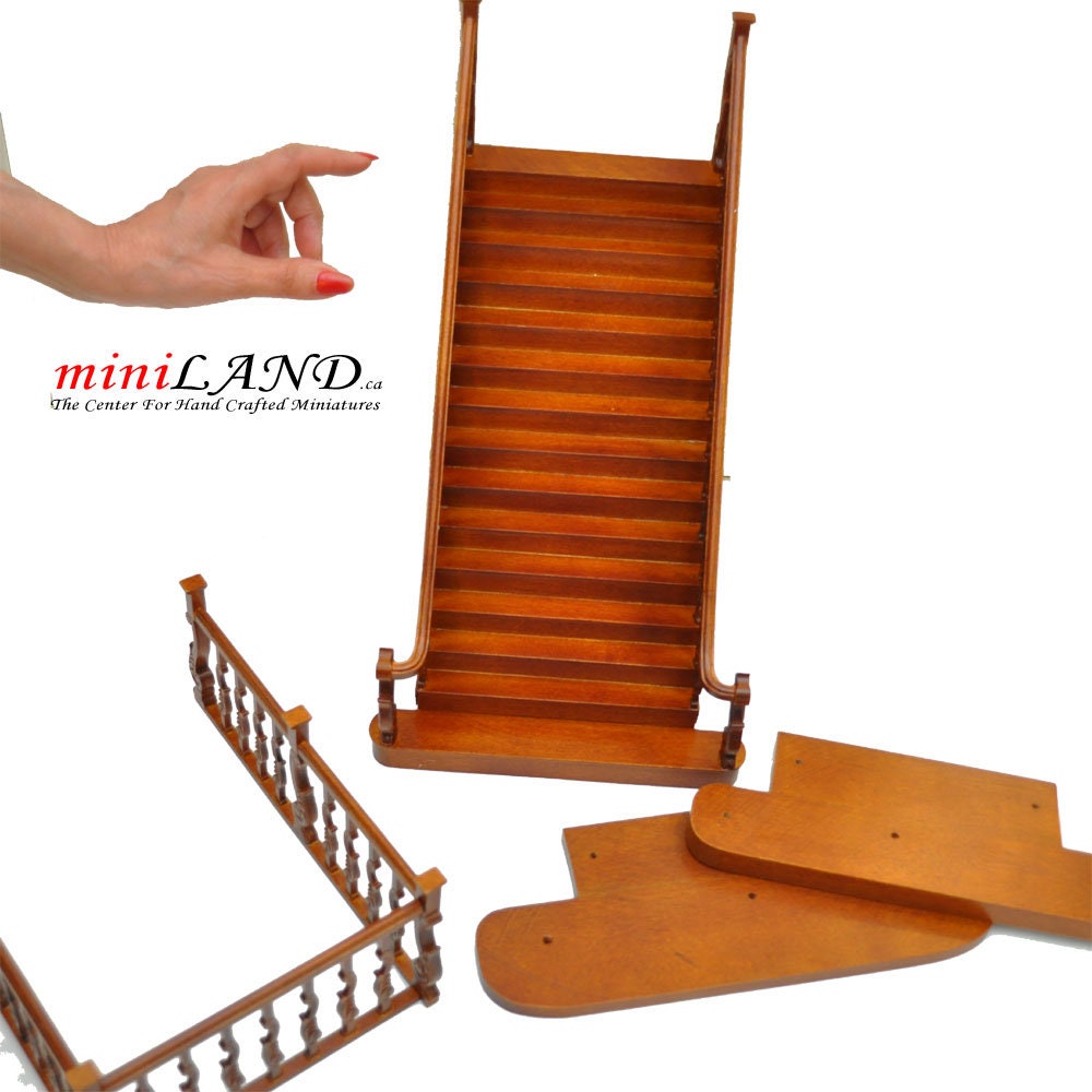 Quality wide Baroque staircase 9"-10" 1:12 Scale Miniature Wooden dollhouse stair WN with railing
