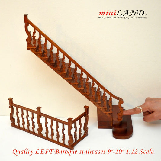 Quality LEFT Baroque staircase 9"-10" 1:12 Scale Miniature Wooden dollhouse stair WN with railing