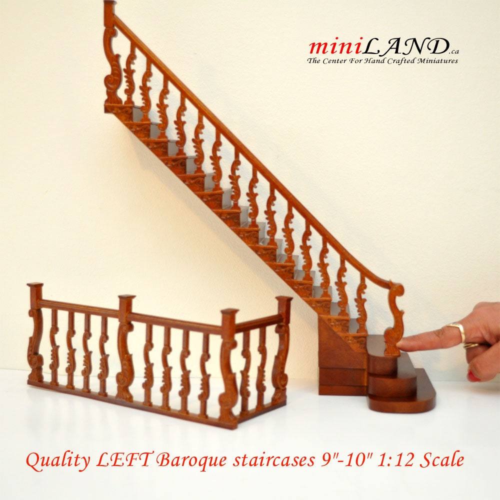 Quality LEFT Baroque staircase 9"-10" 1:12 Scale Miniature Wooden dollhouse stair WN with railing