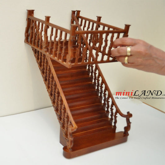 Quality wide Baroque staircase 9"-10" 1:12 Scale Miniature Wooden dollhouse stair WN with railing