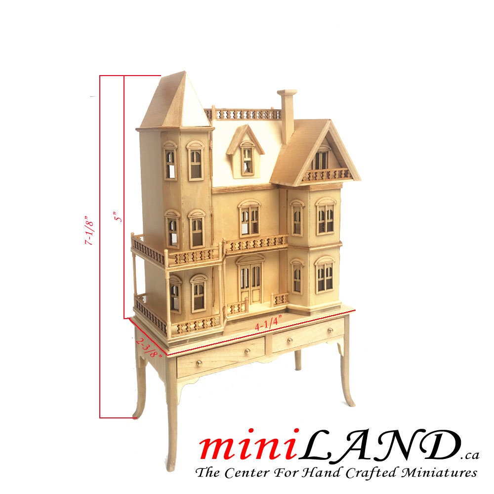 Mini Queen Anne style  Dollhouse for 1/12 dollhouse with table WALNUT 1:144 miniature house for 1/12 rooms back opening V4063 WN