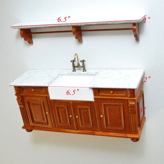 Walnut Victorian quality Kitchen sink unit counter with shelf metal tap 1:12 dollhouse miniature
