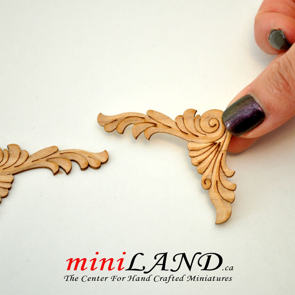 Wood Carved corner Onlay Applique Unpainted 2pcs for 1:12 dollhouse miniatures Handcrafted V002
