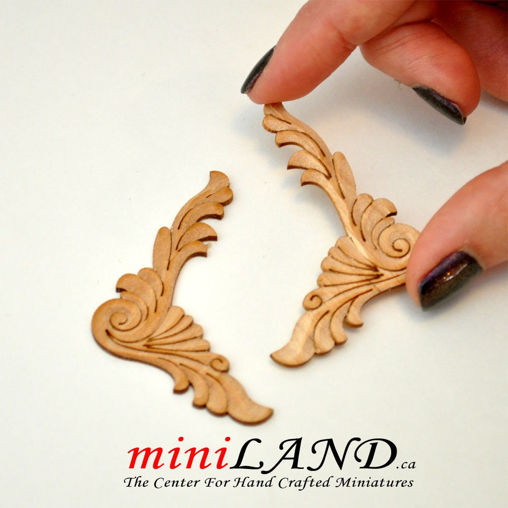 Wood Carved corner Onlay Applique Unpainted 2pcs for 1:12 dollhouse miniatures Handcrafted V002