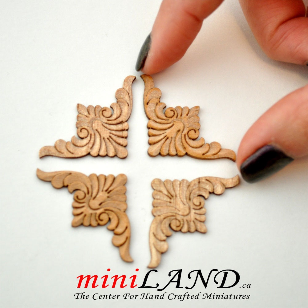 Wood Carved small corners Onlay Applique Unpainted 4pc for 1:12 dollhouse miniatures Handcrafted V003