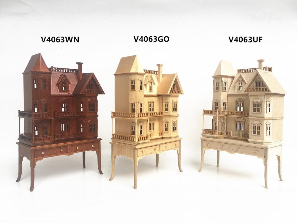 Mini Queen Anne style  Dollhouse for 1/12 dollhouse with table WHITE 1:144 miniature house for 1/12 rooms back opening V4063 WH