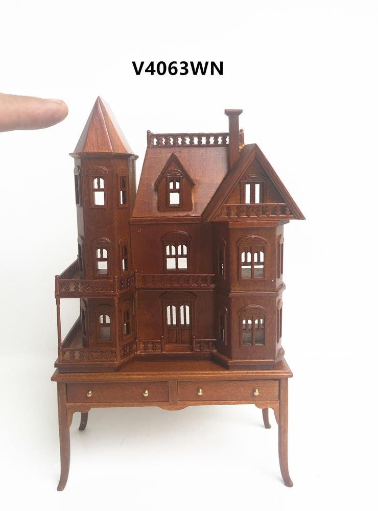 Mini Queen Anne style  Dollhouse for 1/12 dollhouse with table WALNUT 1:144 miniature house for 1/12 rooms back opening V4063 WN