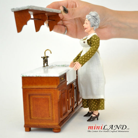 Walnut Victorian quality Kitchen sink unit counter with shelf metal tap 1:12 dollhouse miniature