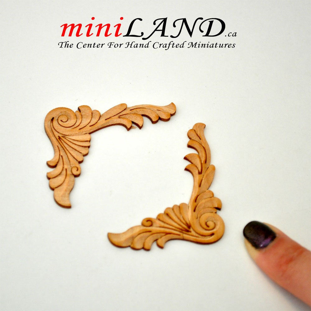 Wood Carved corner Onlay Applique Unpainted 2pcs for 1:12 dollhouse miniatures Handcrafted V002