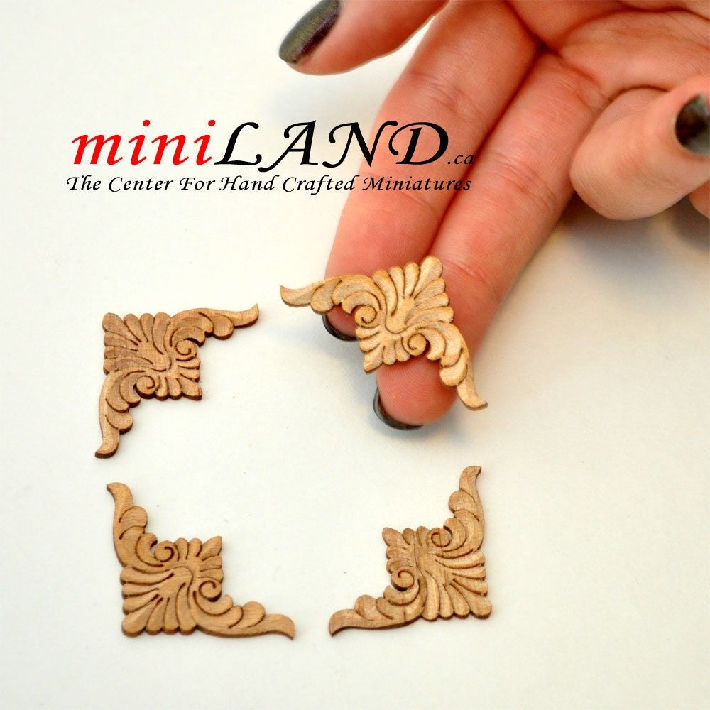 Wood Carved small corners Onlay Applique Unpainted 4pc for 1:12 dollhouse miniatures Handcrafted V003