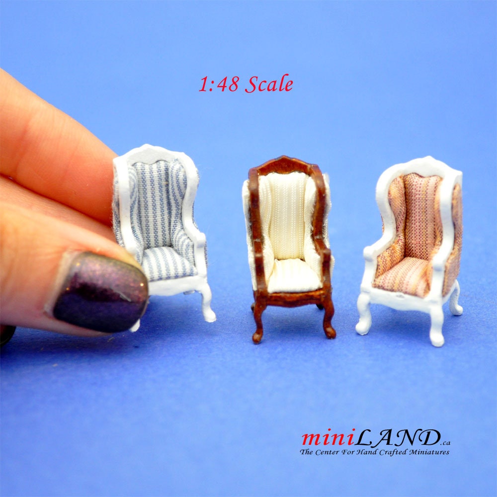 1:48 1/4" quarter scale Winged Arm Chair walnut-white for dollhouse miniature living room top quality Q1787 WN