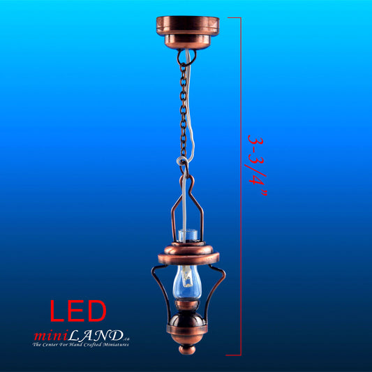 Hanging antique copper oil lamp LED Super bright with On/off switch for dollhouse miniature 1:12 scale