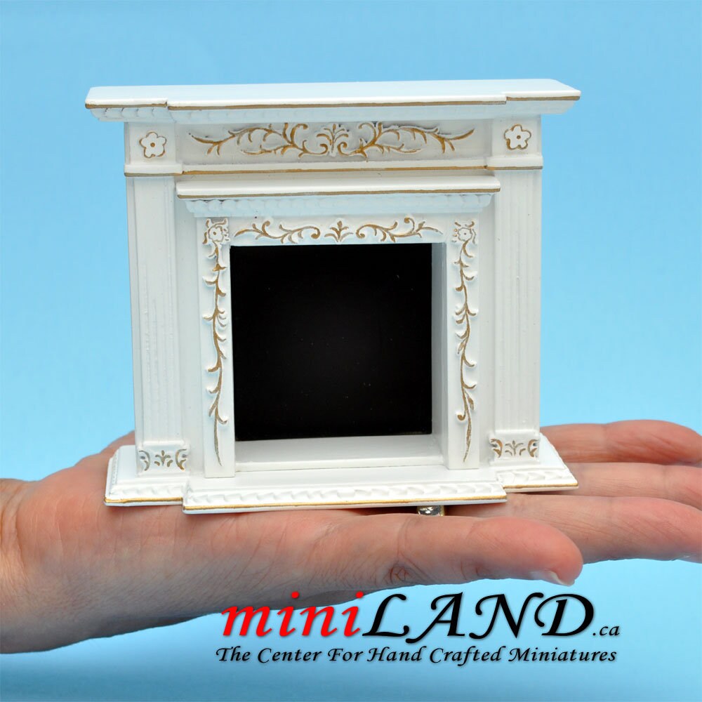 Fine Quality Victorian fireplace for Dollhouse miniature 1:12 White with gold handcrafted mahogany wood Y9512GPB