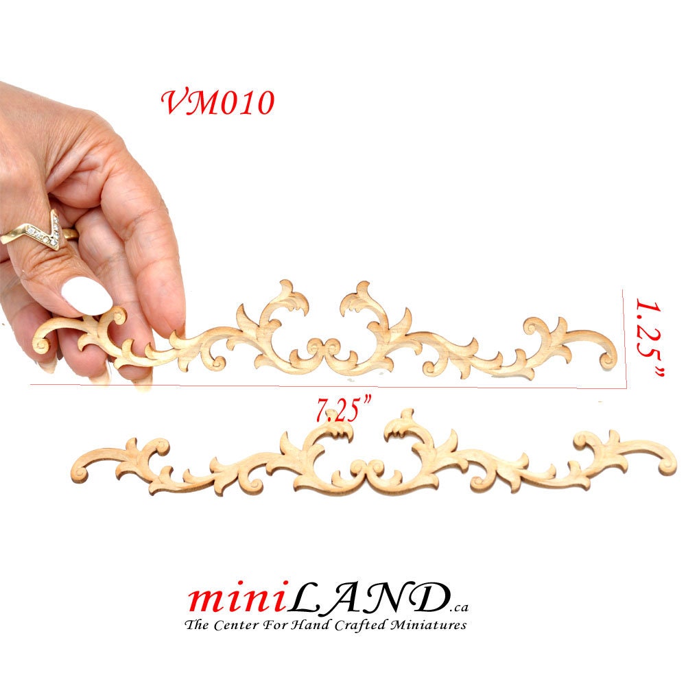 Large Wood Carved flowers Onlay Applique Unpainted 2pc for 1:6 1/6 or 1/4 dollhouse miniatures VM010UF wall panel