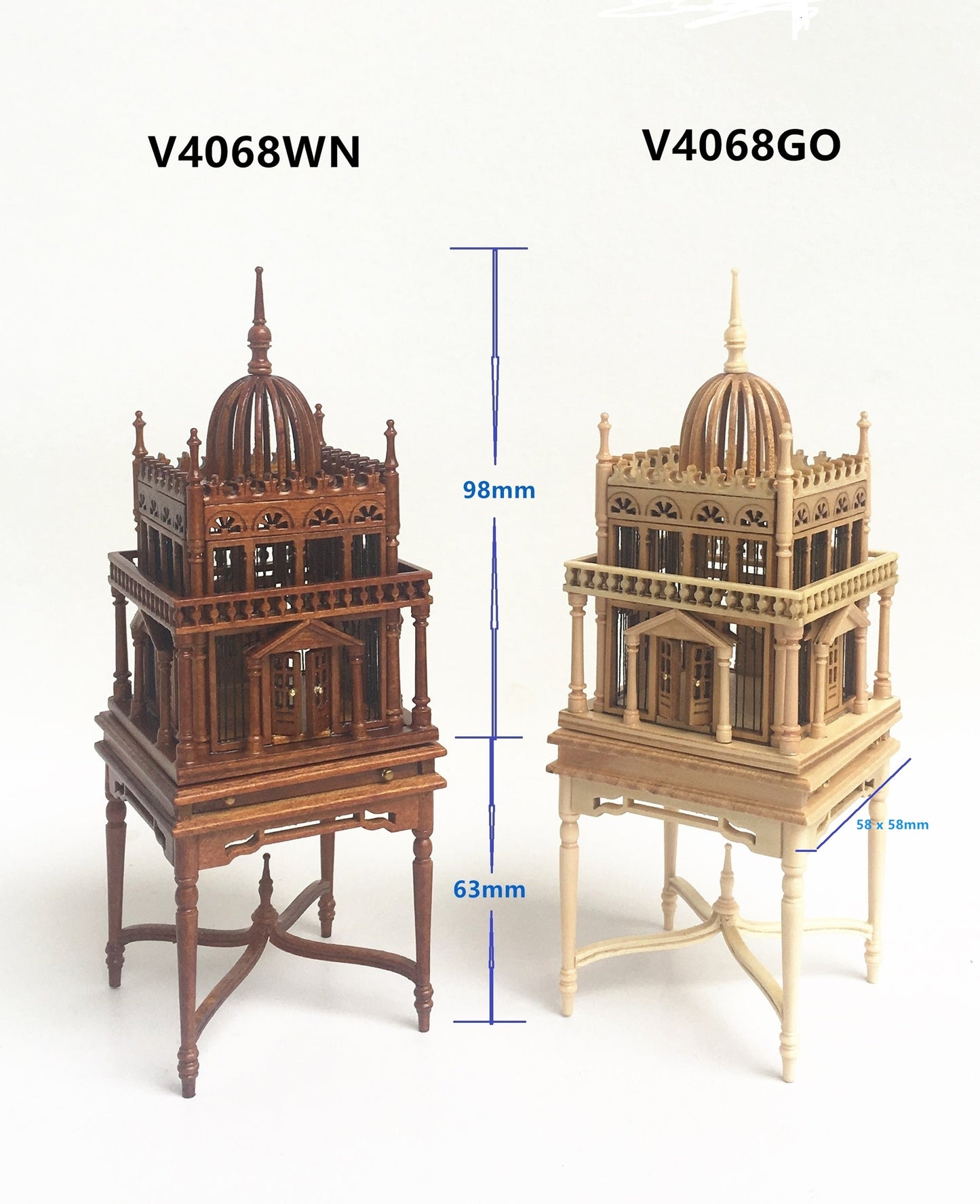 Une magnifique cage à oiseaux coloniale en bois pour maison de poupée miniature 1:12 en noyer