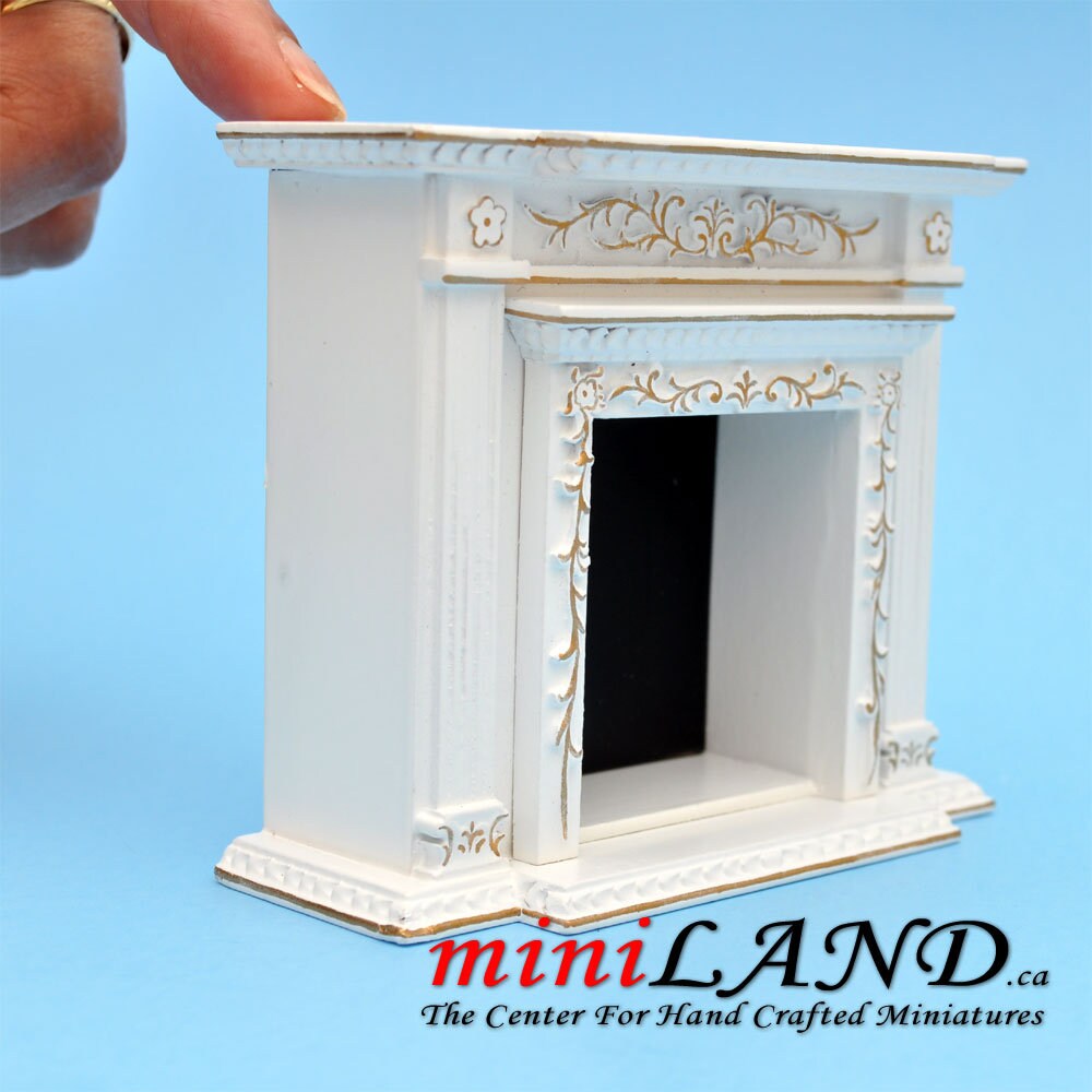 Fine Quality Victorian fireplace for Dollhouse miniature 1:12 White with gold handcrafted mahogany wood Y9512GPB