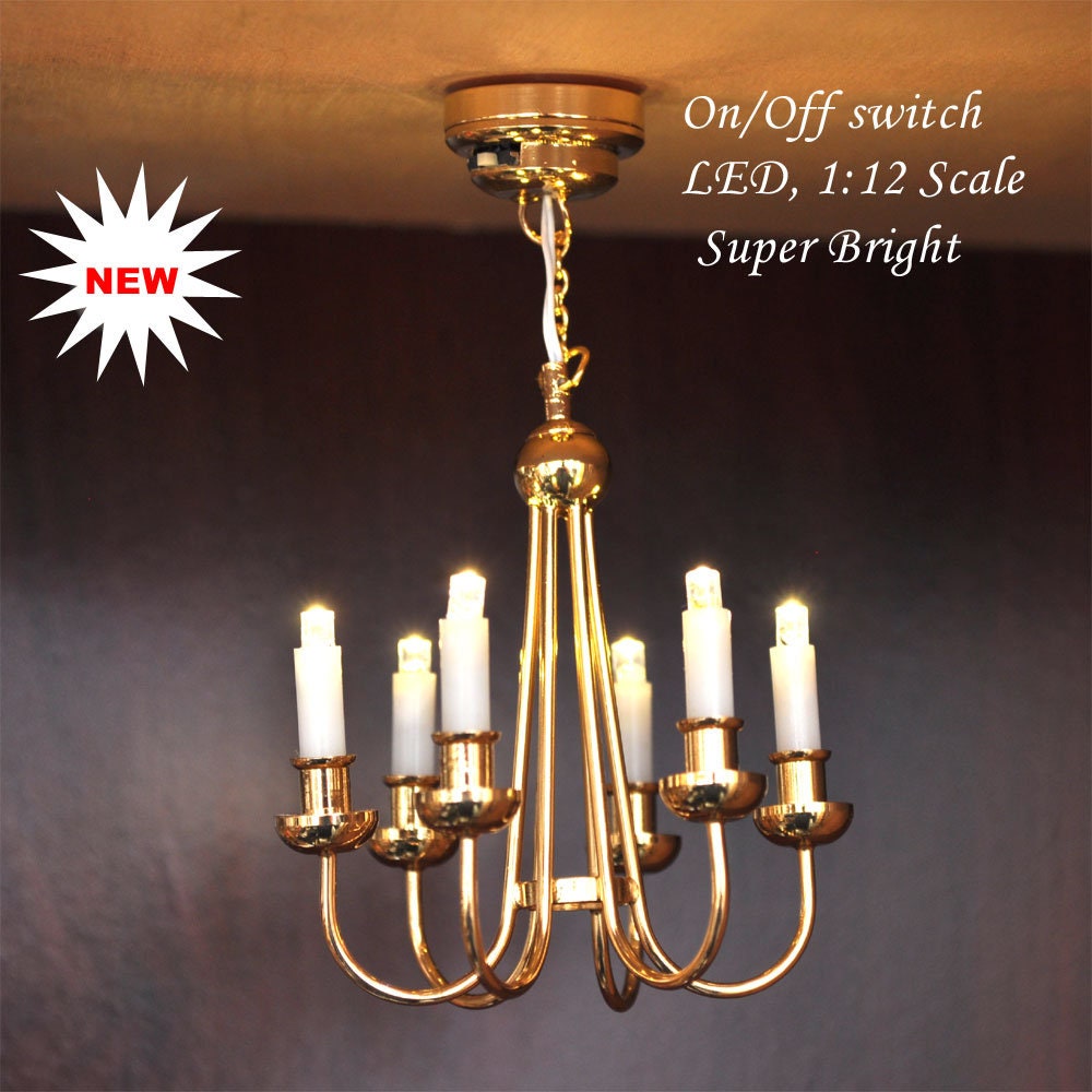 Colonial Brass chandelier 6 arms LED LAMP Dollhouse miniature light with battery and on/off  switch 1:12 scale