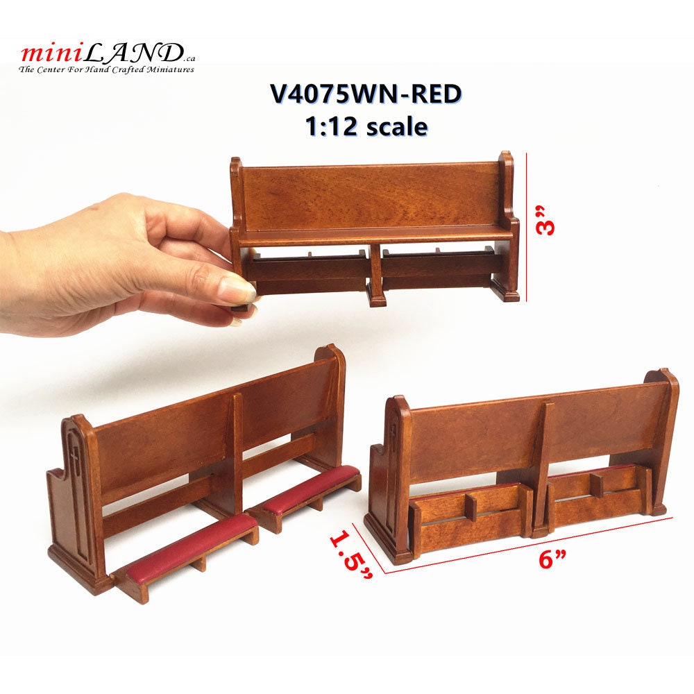 Miniature Church Pew with folding kneeling bench for 1:12 dollhouse handcrafted