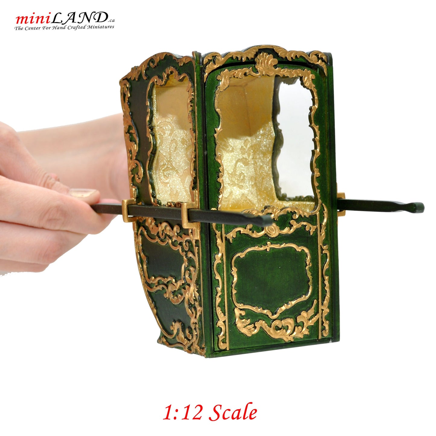 Mini Handcrafted Italian Sedan Chair (Litter) 19th Century style for 1:12 dollhouse miniatures Green