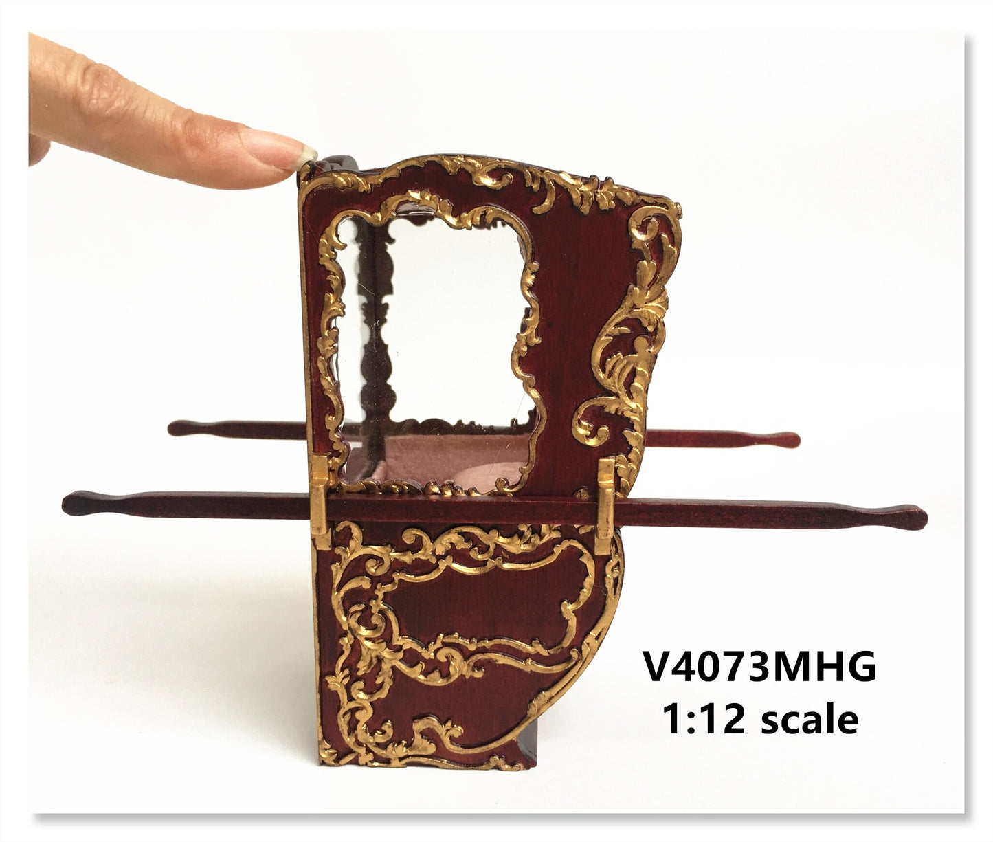 Mini Handcrafted Italian Sedan Chair (Litter) 19th Century style for 1:12 dollhouse miniatures Mahogany color