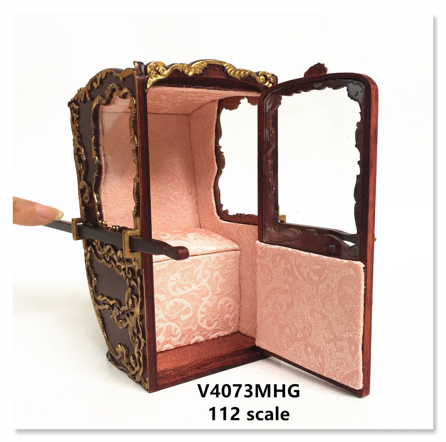 Mini Handcrafted Italian Sedan Chair (Litter) 19th Century style for 1:12 dollhouse miniatures Mahogany color